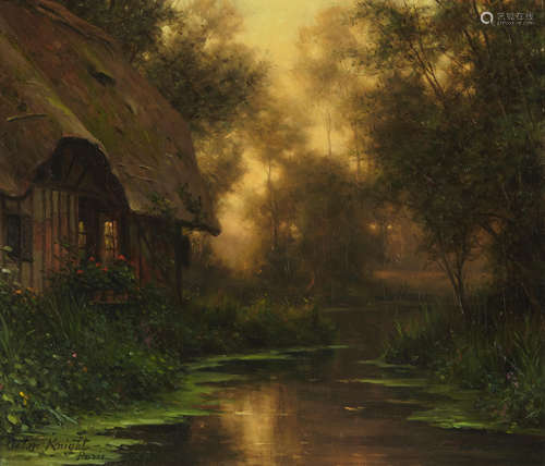 A thatched cottage by a stream at dusk 18 x 21in (45.7 x 53.4cm) Louis Aston Knight(1873-1948)