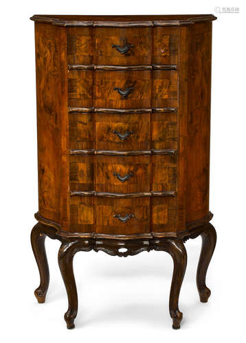 20th century An Italian Rococo style walnut parquetry inlaid tall chest of drawers