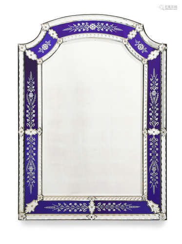 20th century A Venetian Etched Colbalt Blue and Colorless Glass Mirror