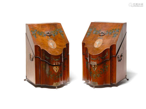 Late 19th century A Pair of George III style paint decorated silver mounted mahogany knife boxes