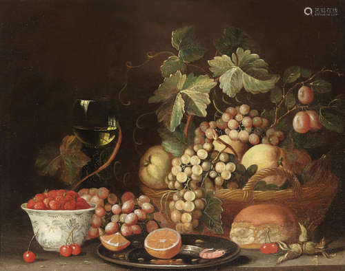 A still life of fruit in a basket with a bowl of strawberries, cherries, a glass of wine, a sliced orange and a shrimp on a pewter plate on a table 19 x 24 1/2in (48.3 x 62.3cm) Manner of Jacob Foppens van Es