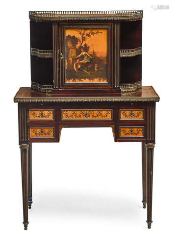 Late 19th century A Louis XVI Style GIlt Bronze Mounted and Paint Decorated Mahogany Bonheur Du Jour