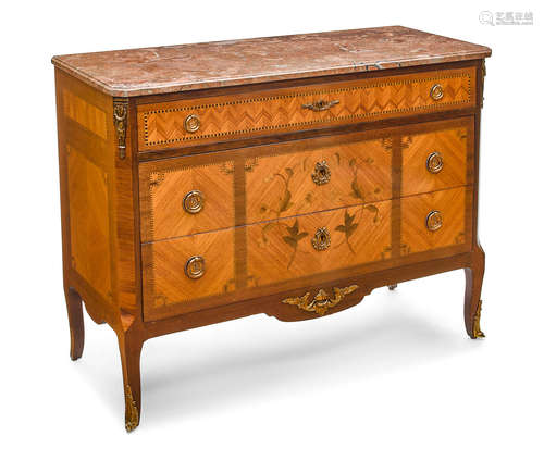 20th century Transitional Louis XV/XVI Style Marble Top Parquetry Inlaid Mahogany Commode