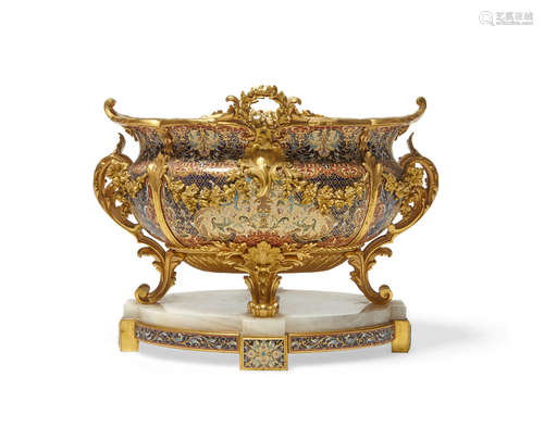 Second half 19th century A fine French gilt-bronze, onyx and champlevé enamel table jardinère