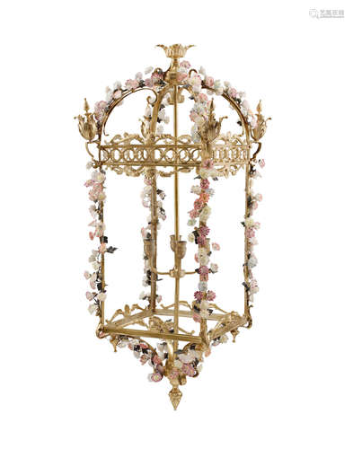 A Louis XV Style Porcelain and Carved Hardstone Encrusted Gilt Bronze LAntern