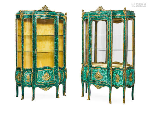 20th century A Pair of Louis XV style gilt bronze mounted malachite vitrine cabinets