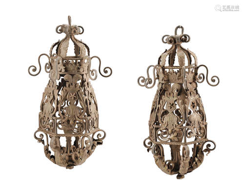 A Pair of Spanish Baroque Style Wrought Iron Lanterns