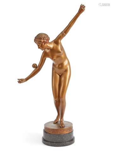 Early 20th centurySigned Lugerth BW, on granite baseheight 32in (81.2cm); width 23 1/2in (59.6cm)  A gilt bronze figure: Ball Player Ferdinand Lugerth (Austrian, 1885-1915)