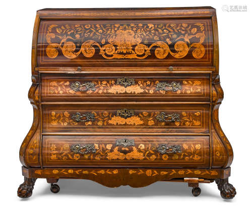 Late 18th century A Dutch Neoclassical Marquetry and Walnut Bombe Cylinder Desk