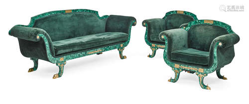 20th century A Classical Style Gilt Bronze Mounted Malachite Sofa and Two Bergeres en Suite