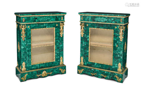 20th century A Pair of Napoleon III style gilt bronze mounted malachite meubles d'appui