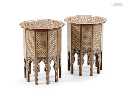 20th century A Pair of Levantine Inlaid Hardwood Octagonal Side Tables