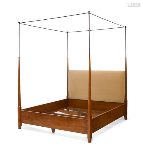 20th century A Upholstered Walnut and Wrought Iron Tester Bed