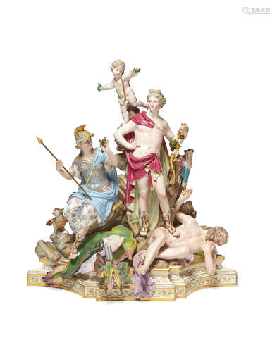 Late 19th century A Meissen porcelain allegorical group of Apollo and MinervaAfter THE MODEL BY J.J. KÄNDLER