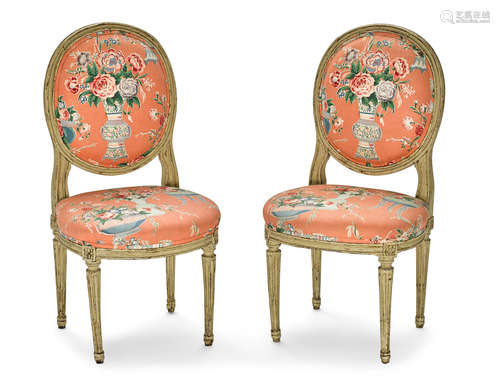 19th Century A Pair of Louis XVI Style Floral Upholstered Painted Wood Side Chairs