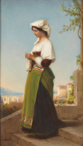 Late 19th century A Berlin (K.P.M.) porcelain plaque of woman knitting