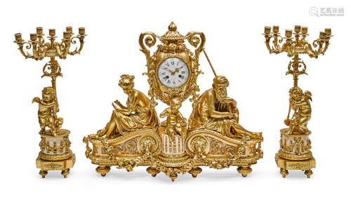 19th century An Assembled LOUIS XVI STYLE GILT BRONZE THREE PIECE CLOCK GARNITURE