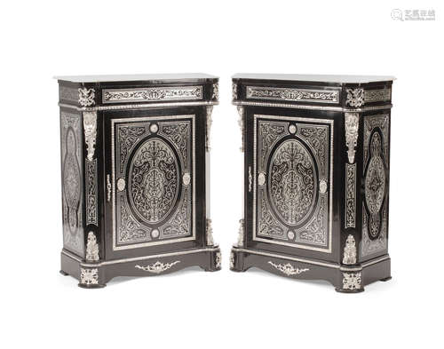 20th century A Pair of Boulle Style Marble Top Metal Inlaid Black Lacquered Cabinets