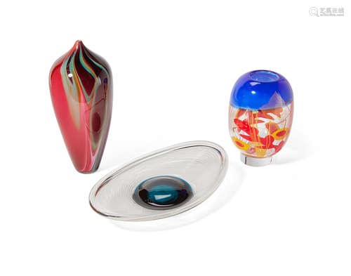 Circa 2000Comprising two vases and an oval bowlheight of largest vase 15in (38cm); length of bowl 17in (43cm)  A Group of Three Contemporary Art Glass Objects