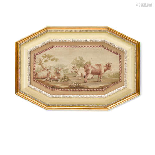 After J.B. Huet (French, 1745-1811)18th century An Hexagonal Aubusson Tapestry Panel: Les Plaisirs de la Campagne