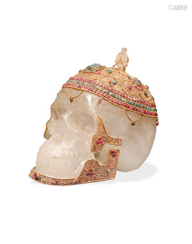 A Filigree and Gem Inset Rock Crystal Skull