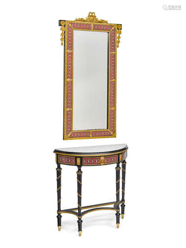 20th century A Louis XVI style brass and bronze mounted part ebonized and enamel decorated marble top console table and mirror