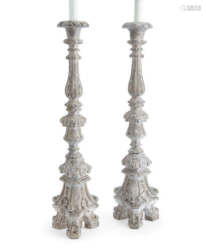 A Pair of Italian Baroque Style Grey-Washed Carved Wood Pricket Sticks