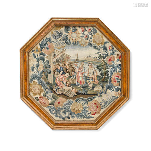 19th century A Continental Octagonal Petit Point Panel: Telemachus Setting out to Search for Ulysses