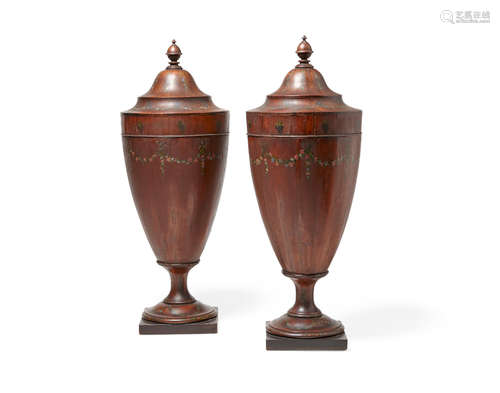 Early 20th century A pair of George III style paint decorated mahogany urn form knife boxes