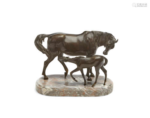 20th century A Patinated bronze group of a mare and foal