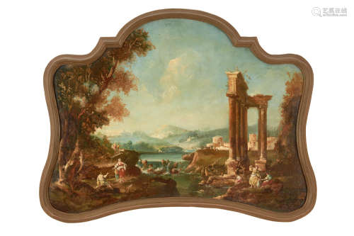 A capriccio landscape with figures by a stream 26 1/2 x 35 1/2in (66.5 x 89.6cm) Italian School