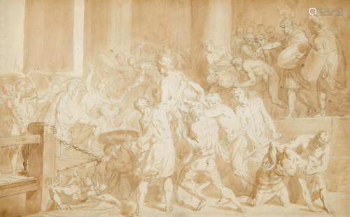 Figures fighting outside of a temple  18in x 28 1/2in (45.7cm x 72.3cm) (sight) French School(18th Century)