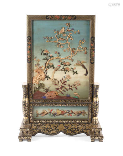 20th century A Chinese Hardstone, Painted and Lacquered Table Screen on Stand