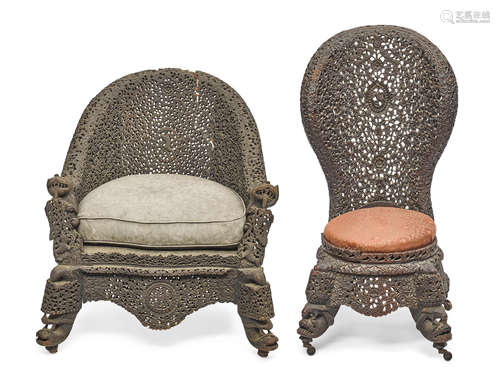 An Anglo-Indian Carved Hardwood Armchair and Similar Slipper Chair