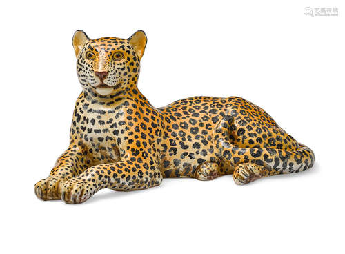 20th century An Enameled Ceramic Figure of a Reclining Leopard