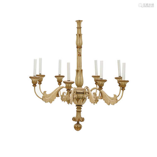 20th century An Italian Neoclassical Style Painted Wood, Iron and Tole Eight Light Chandelier