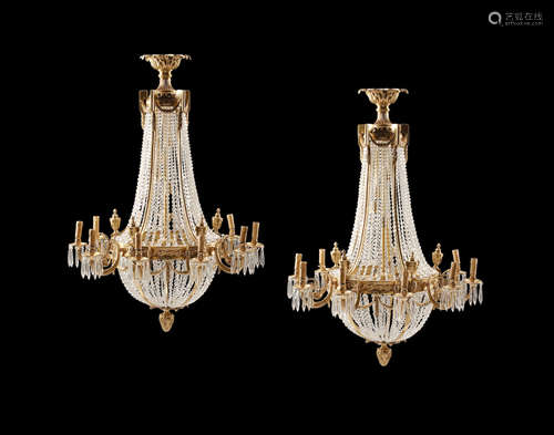 20th century A Pair of Empire Style Gilt Bronze and Glass Ten Light Chandeliers