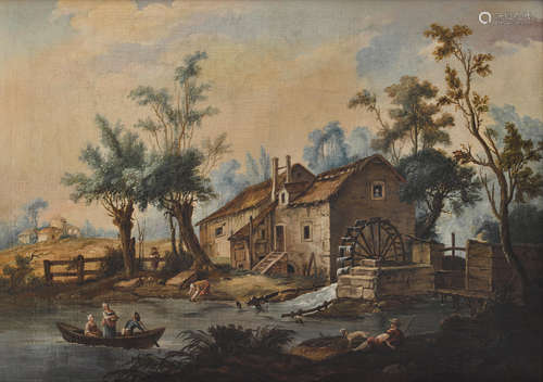 A landscape with figures in a boat by a water mill  64 x 90in (162.5 x 228.6cm) Continental School(19th Century)