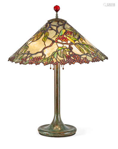 A Suess Ornamental Glass Company Patinated Bronze and Leaded Glass Table Lamp