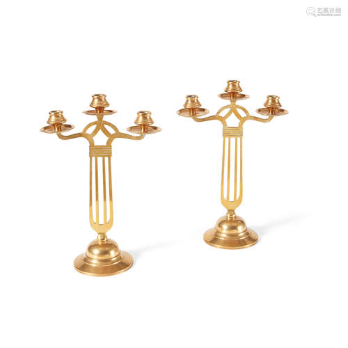 A Pair of Secessionist gilt brass three light candelabra