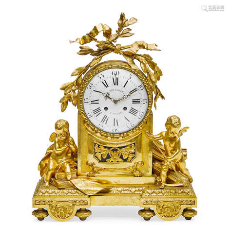 Late 19th century A LOUIS XVI STYLE GILT BRONZE SHELF CLOCK