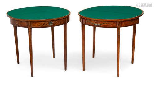 Late 18th century A Pair of George III paint decorated satinwood and mahogany demilune games tables