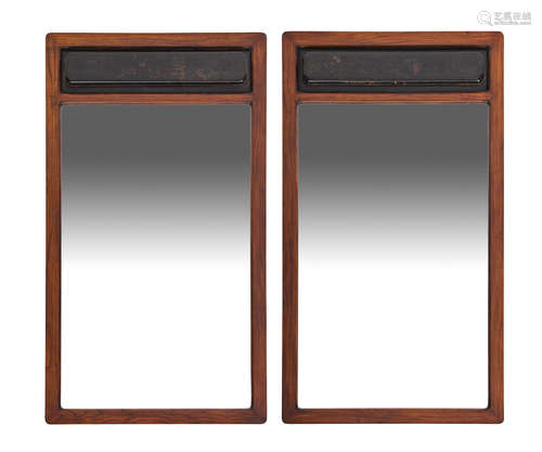 20th century A Pair of Chinese Lacquered and Hardwood Mirrors