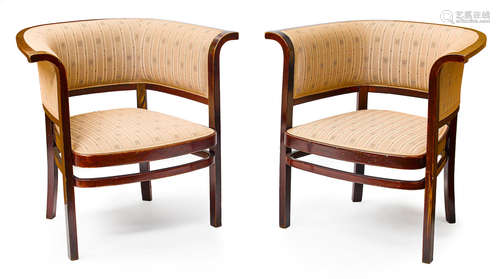 Early 20th centuryheight 31in (79cm); width 33in (84cm); depth 27in (69cm)  A Pair of Marcel Kammerer Bent Stained Beechwood Chairs