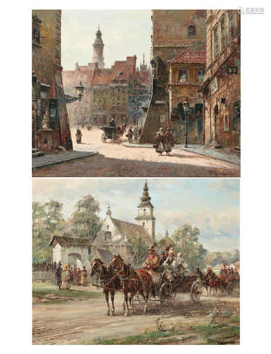 A street scene in Warsaw; Horse-drawn carriages outside a church (a pair) each 16 x 20in (40.8 x 50.9cm) Wladyslaw T. Chmielinski(Polish, 1911-1979)