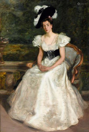 A portrait of an elegant lady in a white dress seated on balcony 72 1/2 x 49 1/2in (184.2 x 125.8cm) Charles Edward Ritchie, ROI(British, died 1940)