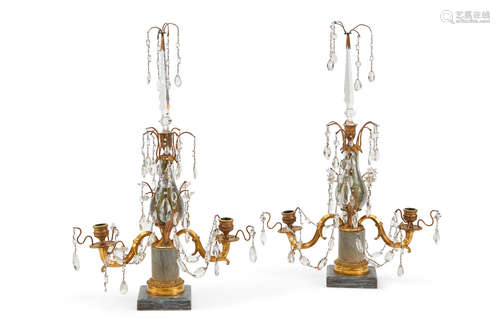 Late 19th century A pair of Baltic gilt bronze, marble and glass two light candelabra