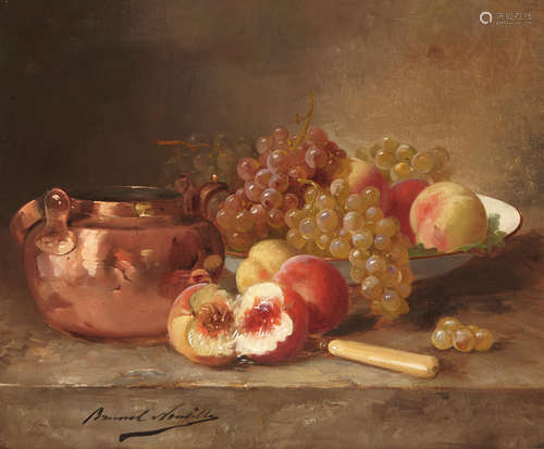 A still life of peaches, grapes, a copper pot and a knife on a stone ledge 14 3/4 x 18in (37.5 x 45.8cm) Alfred Arthur Brunel de Neuville(French, 1852-1941)