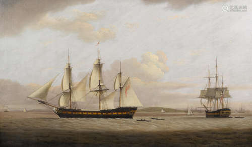 A coastal view with frigates offshore 35 1/4 x 58 1/4in (89.5 x 148cm) Attributed to Francis Holman(British, 1729-1790)