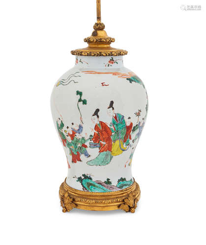 Early 20th century A Gilt Bronze Mounted Chinese Famille Verte Enameled Porcelain Baluster Vase Mounted as a Lamp